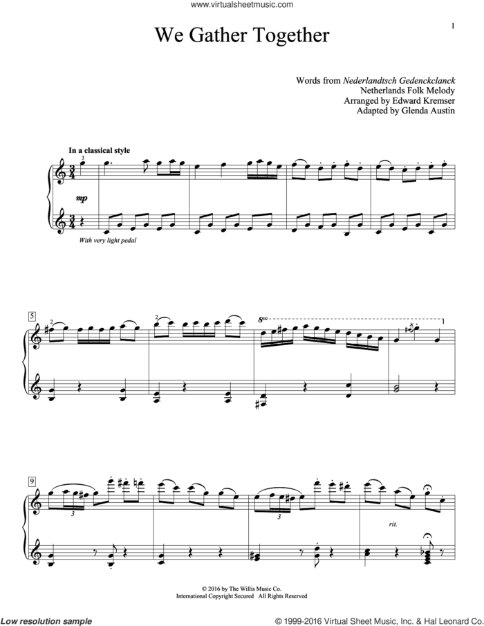 We Gather Together sheet music for piano solo (elementary) by Theodore Baker, Glenda Austin, Eduard Kremser, Miscellaneous and Nederlandtsch Gedenckclanck, beginner piano (elementary)