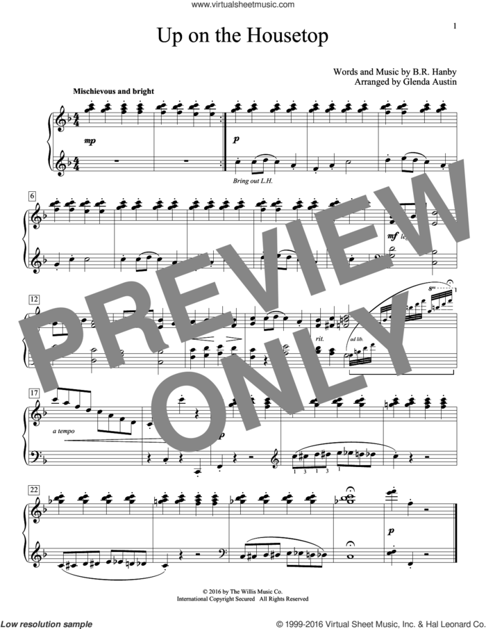 Up On The Housetop sheet music for piano solo (elementary) by Benjamin Hanby and Glenda Austin, beginner piano (elementary)