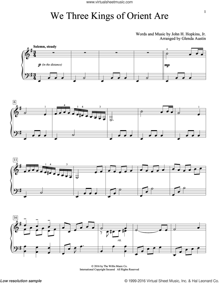 We Three Kings Of Orient Are sheet music for piano solo (elementary) by John H. Hopkins, Jr. and Glenda Austin, beginner piano (elementary)