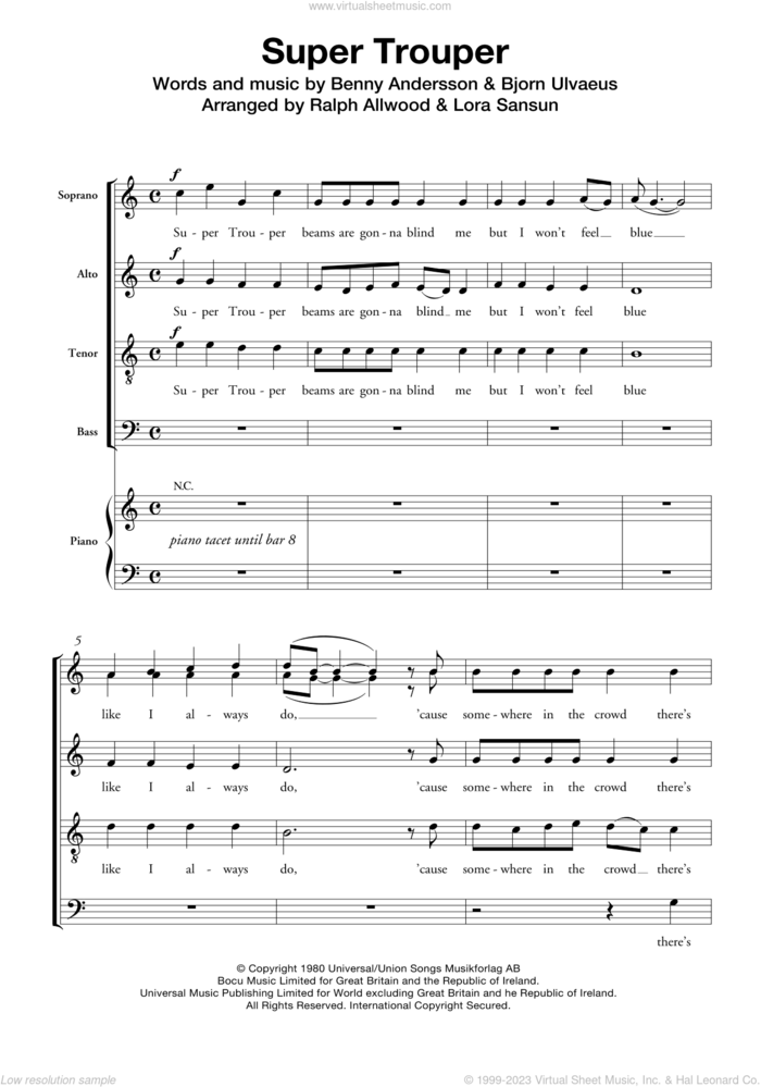 Super Trouper sheet music for choir (SATB: soprano, alto, tenor, bass) by ABBA, Benny Andersson and Bjorn Ulvaeus, intermediate skill level