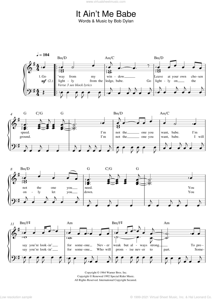 It Ain't Me Babe sheet music for voice and piano by Bob Dylan, intermediate skill level