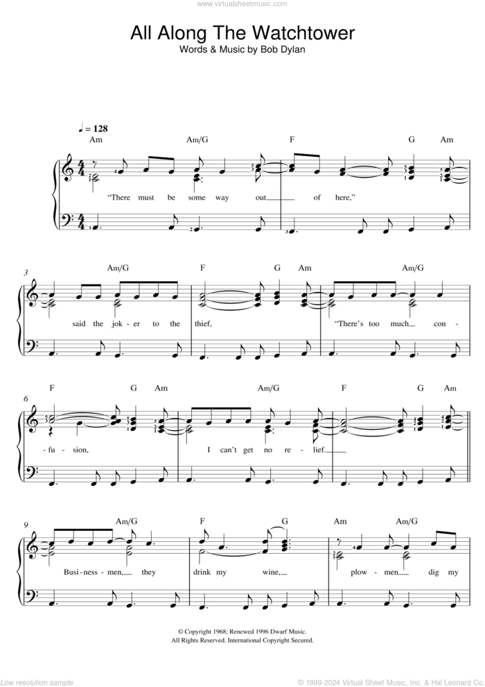 All Along The Watchtower sheet music for voice and piano by Bob Dylan and Jimi Hendrix, intermediate skill level