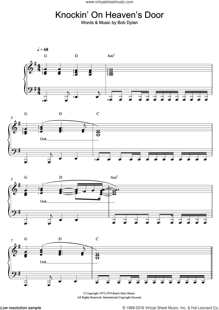 Knockin' On Heaven's Door sheet music for voice and piano by Bob Dylan and Eric Clapton, intermediate skill level