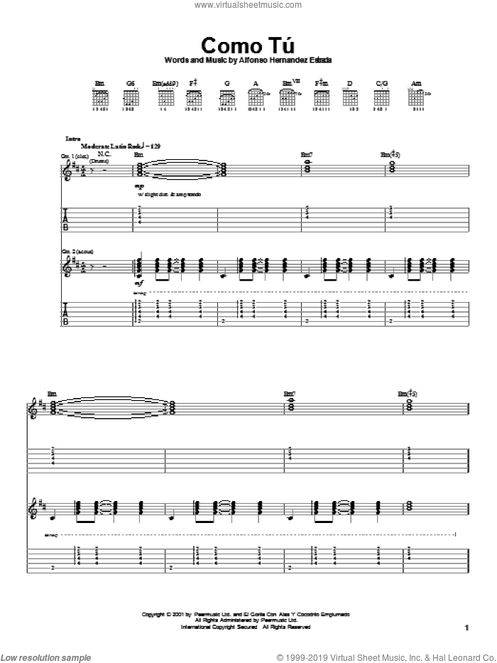 Como Tu sheet music for guitar (tablature) by Jaguares and Alfonso Hernandez Estrada, intermediate skill level