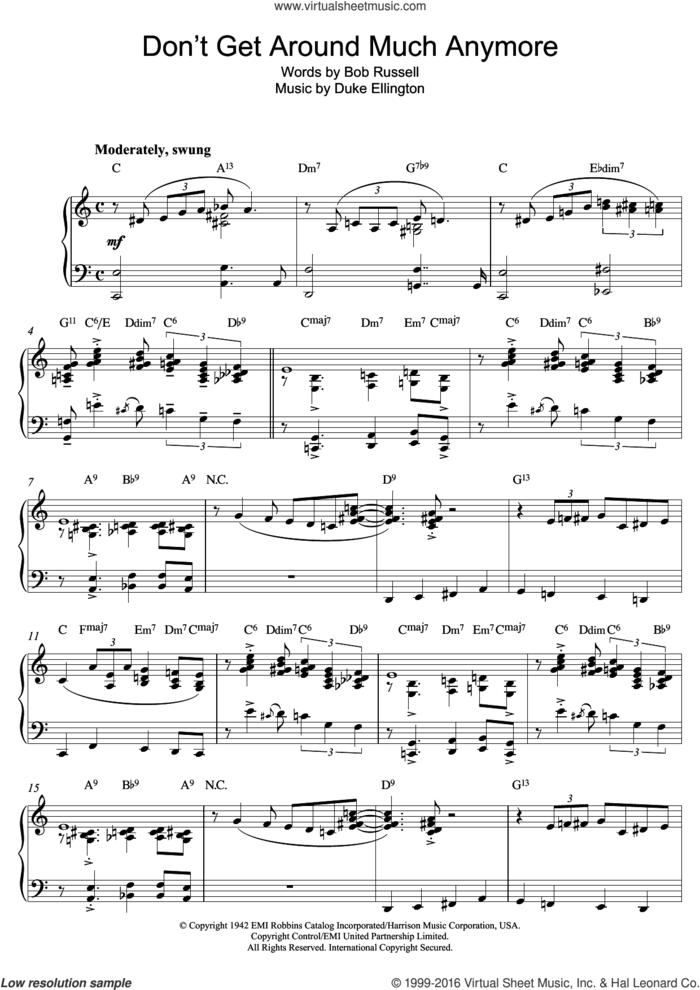 Don't Get Around Much Anymore sheet music for piano solo by Duke Ellington, Rod Stewart and Bob Russell, intermediate skill level