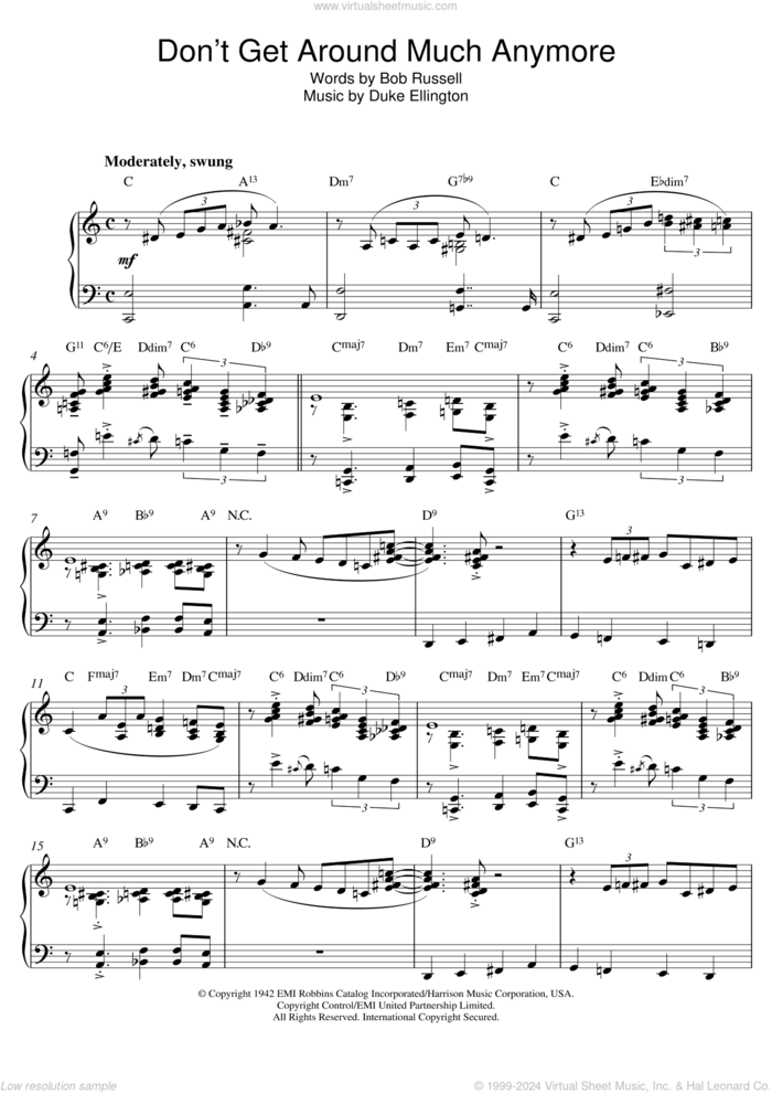 Don't Get Around Much Anymore sheet music for piano solo by Duke Ellington, Rod Stewart and Bob Russell, intermediate skill level