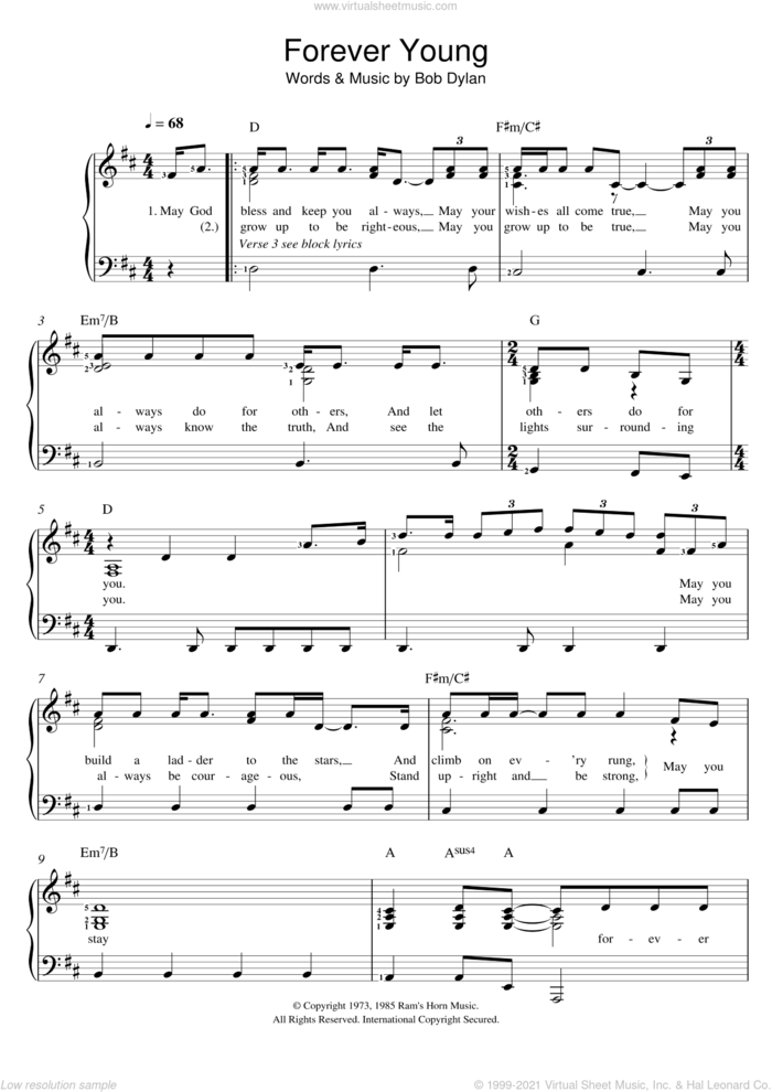 Forever Young sheet music for voice and piano by Bob Dylan, intermediate skill level