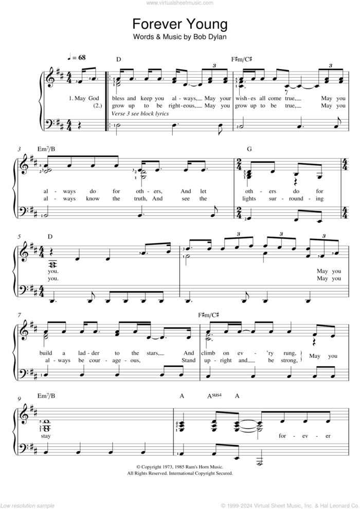 Forever Young sheet music for voice and piano by Bob Dylan, intermediate skill level