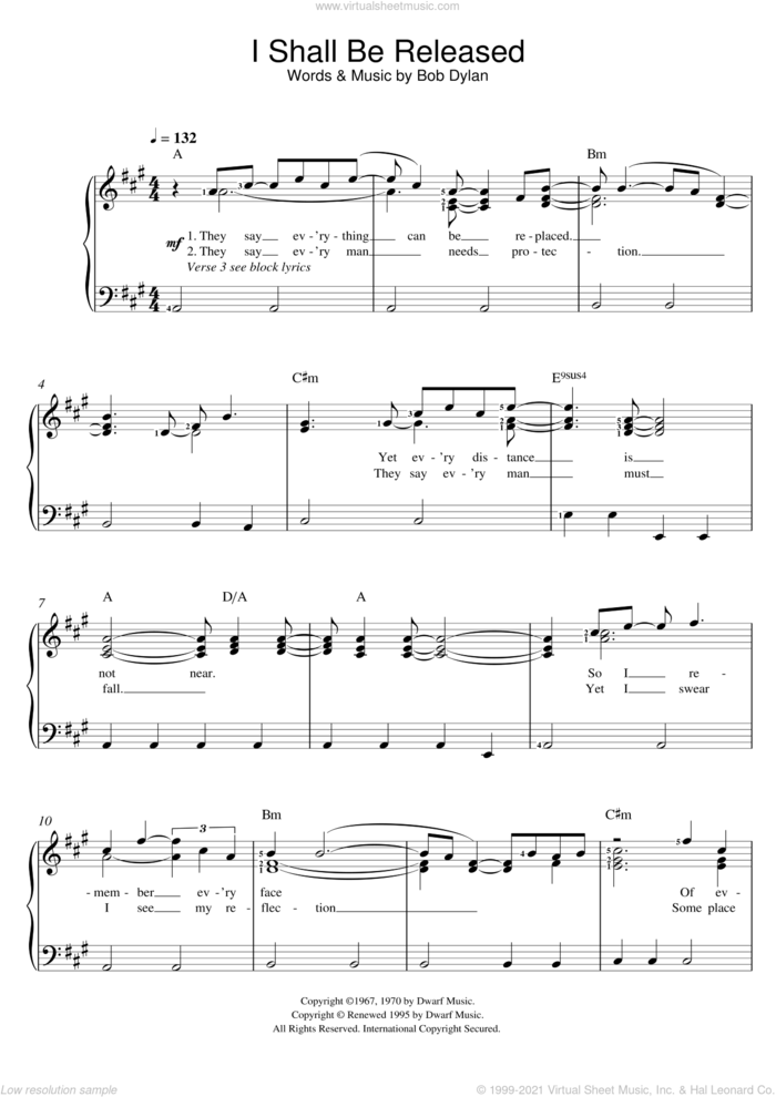 I Shall Be Released sheet music for voice and piano by Bob Dylan, intermediate skill level