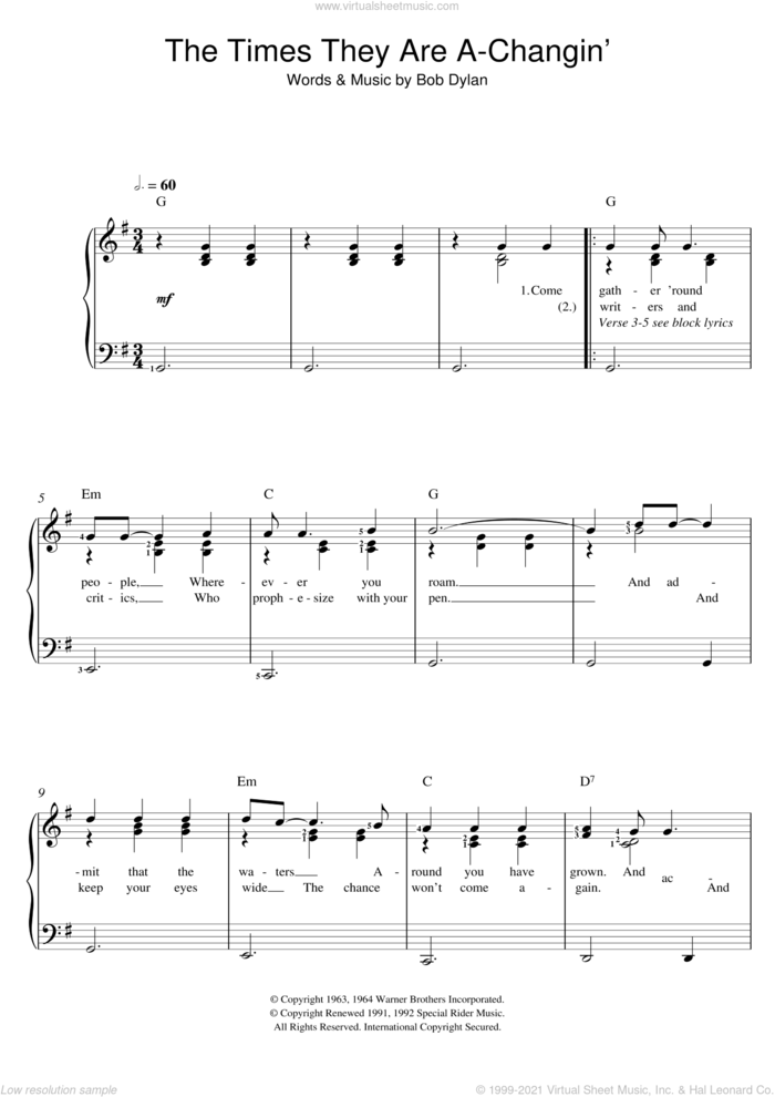 The Times They Are A-Changin' sheet music for voice and piano by Bob Dylan, intermediate skill level