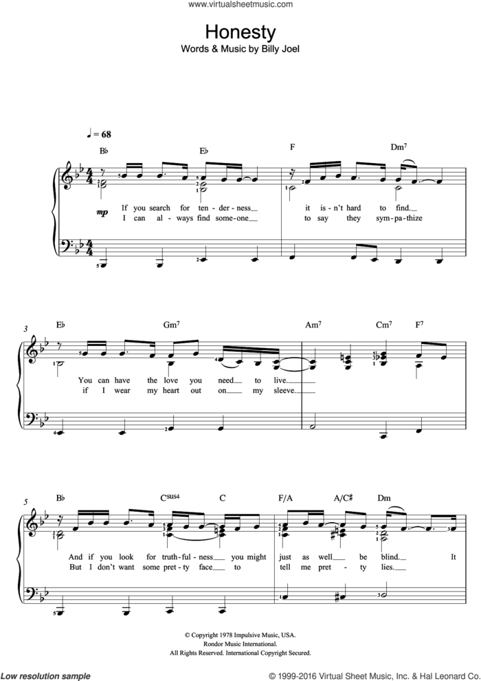 Honesty sheet music for voice and piano by Billy Joel, intermediate skill level