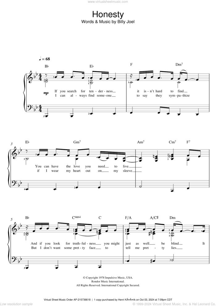 Honesty sheet music for voice and piano by Billy Joel, intermediate skill level