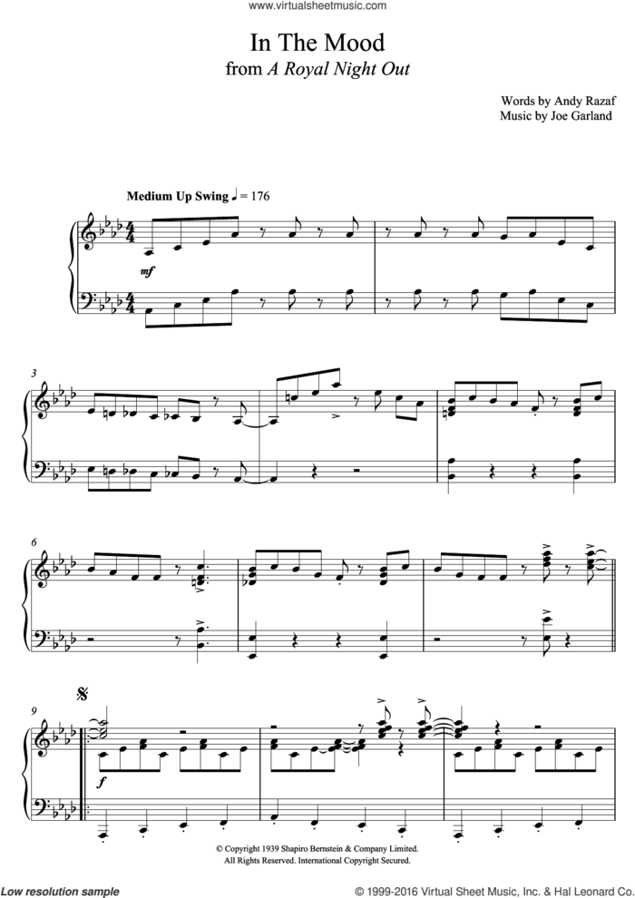 In The Mood sheet music for piano solo by Paul Englishby, Andy Razaf and Joe Garland, intermediate skill level