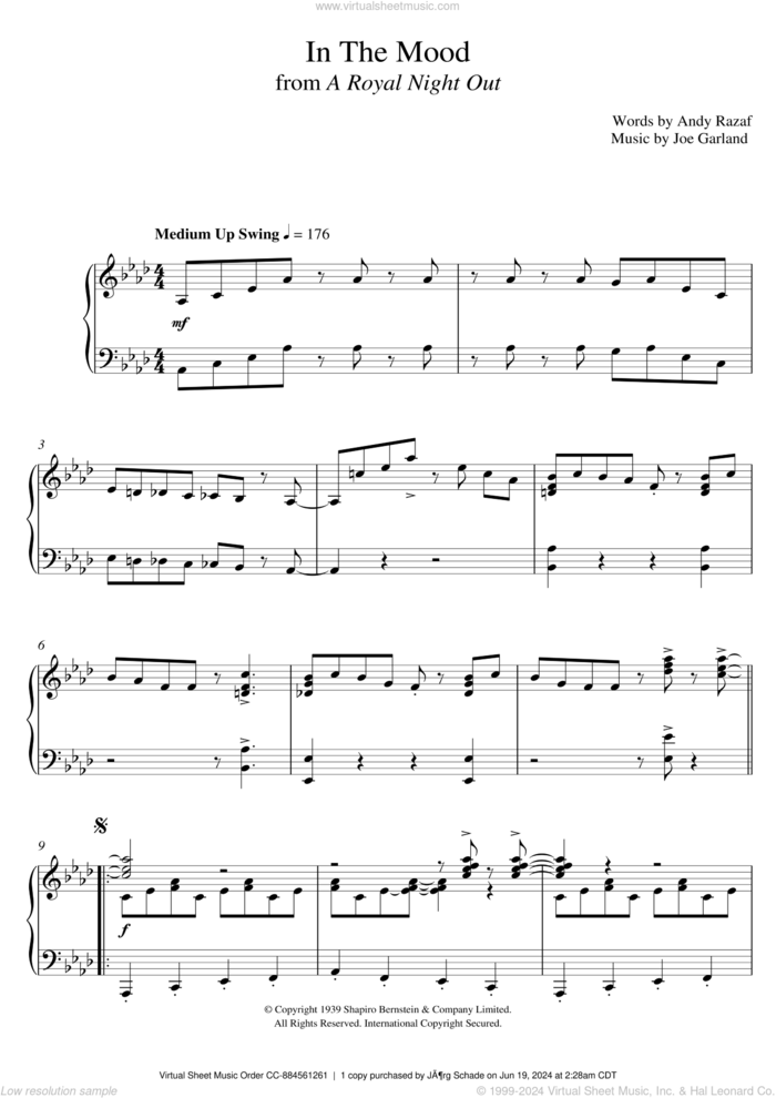 In The Mood sheet music for piano solo by Paul Englishby, Andy Razaf and Joe Garland, intermediate skill level