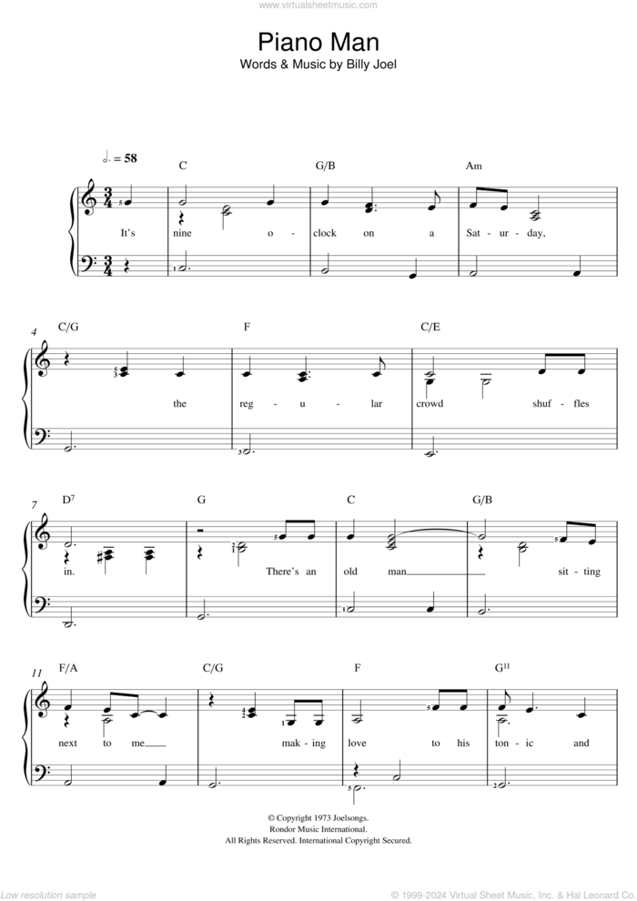 Piano Man sheet music for voice and piano by Billy Joel, intermediate skill level