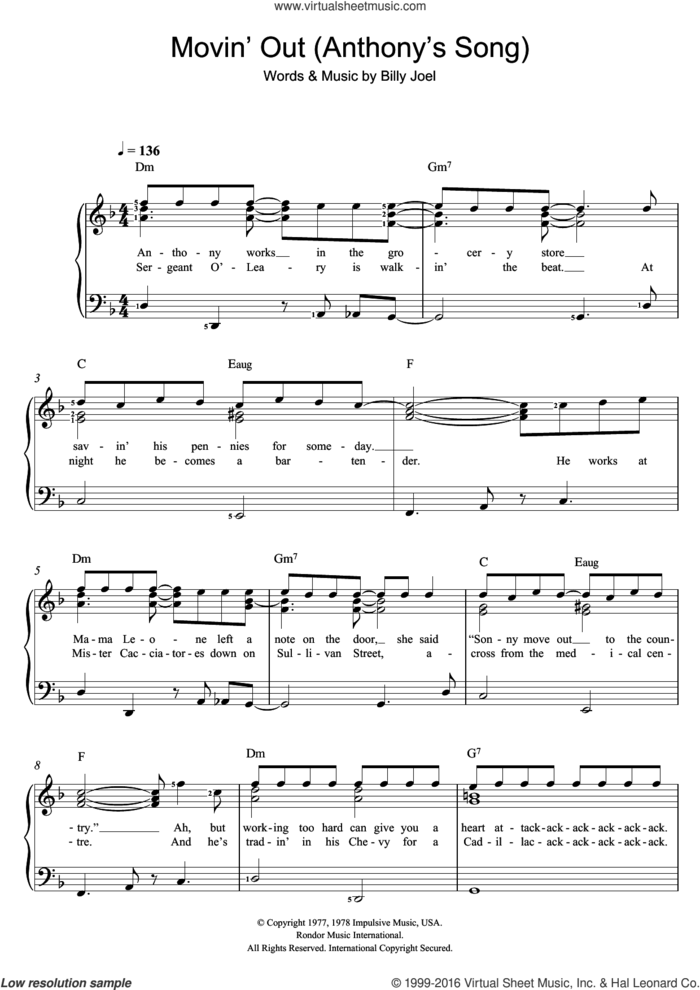 Movin' Out (Anthony's Song) sheet music for voice and piano by Billy Joel, intermediate skill level