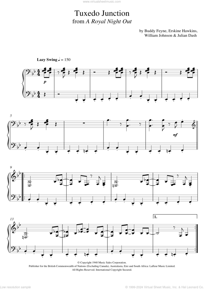 Tuxedo Junction sheet music for piano solo by Paul Englishby, Buddy Feyne, Erskine Hawkins, Julian Dash and William Johnson, intermediate skill level