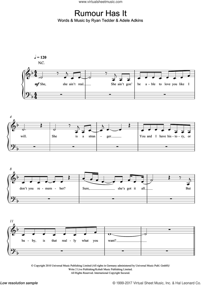 Rumour Has It sheet music for voice and piano by Adele, Adele Adkins and Ryan Tedder, intermediate skill level