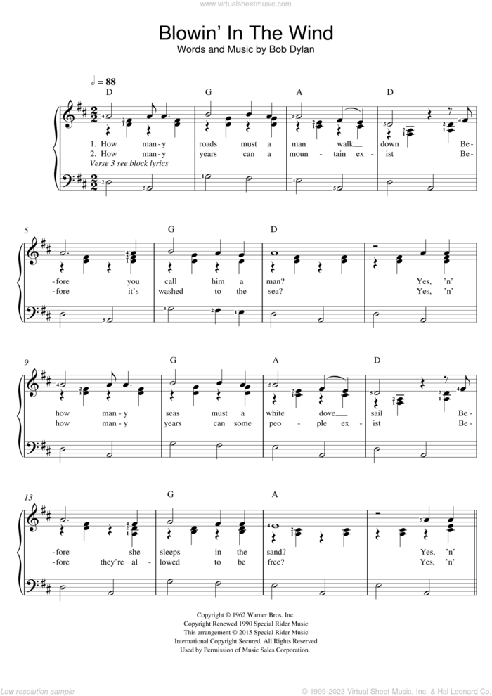 Blowin' In The Wind sheet music for voice and piano by Bob Dylan, intermediate skill level