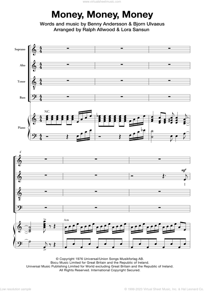 Money, Money, Money sheet music for choir (SATB: soprano, alto, tenor, bass) by ABBA, Benny Andersson and Bjorn Ulvaeus, intermediate skill level