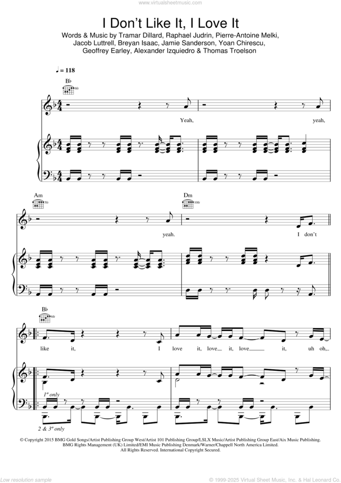 I Don't Like It, I Love It sheet music for voice, piano or guitar by Flo Rida, Alexander Izquiedro, Breyan Isaac, Geoffrey Earley, Jacob Luttrell, Jamie Sanderson, Pierre-Antoine Melki, Raphael Judrin, Thomas Troelson, Tramar Dillard and Yoan Chirescu, intermediate skill level