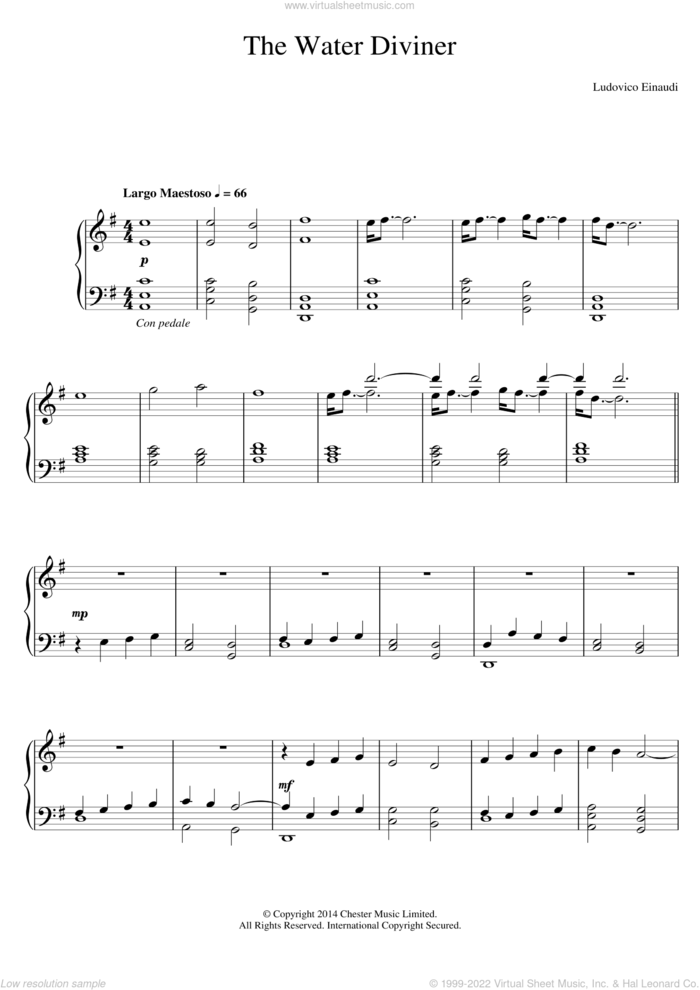 The Water Diviner sheet music for piano solo by Ludovico Einaudi, classical score, intermediate skill level