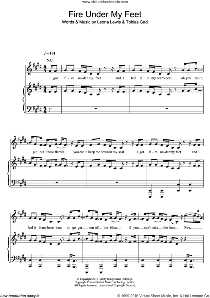 Fire Under My Feet sheet music for voice, piano or guitar by Leona Lewis and Toby Gad, intermediate skill level