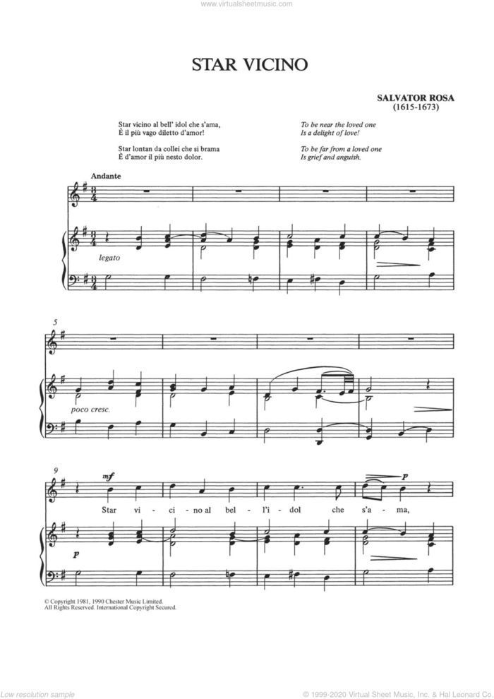 Star Vicino sheet music for voice and piano by Salvator Rosa and Shirley Leah, classical score, intermediate skill level