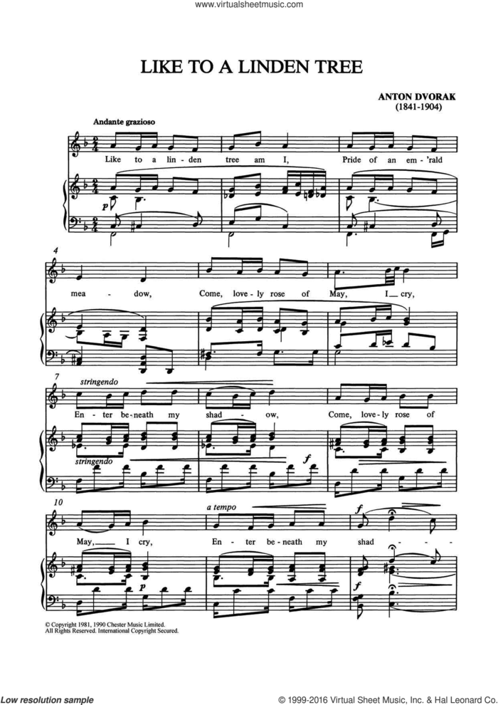 Like To A Linden Tree sheet music for voice and piano by Antonín Dvorák, Shirley Leah and Antonin Dvorak, classical score, intermediate skill level
