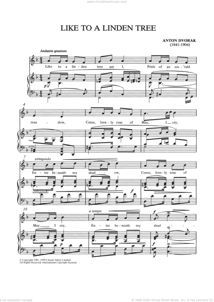 Like To A Linden Tree sheet music for voice and piano by Antonín Dvorák, Shirley Leah and Antonin Dvorak, classical score, intermediate skill level