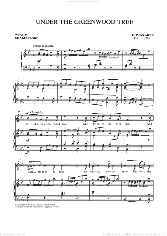 Under The Greenwood Tree sheet music for voice and piano by Thomas Arne, Shirley Leah and William Shakespeare, intermediate skill level