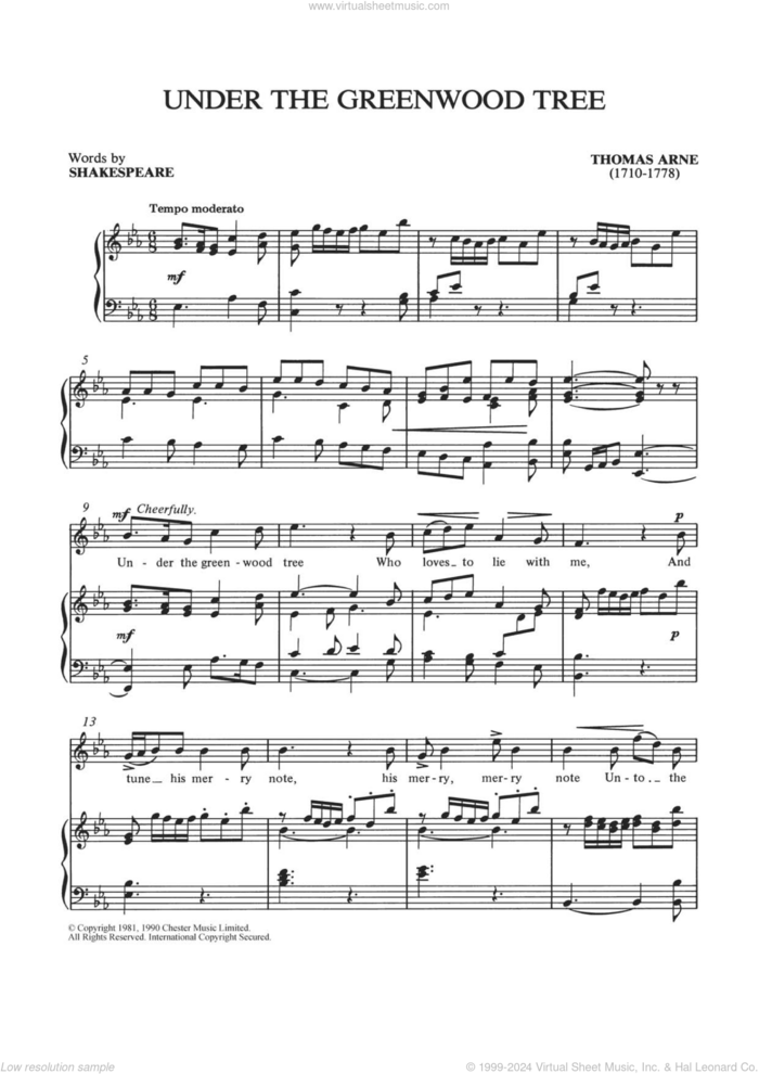 Under The Greenwood Tree sheet music for voice and piano by Thomas Arne, Shirley Leah and William Shakespeare, intermediate skill level