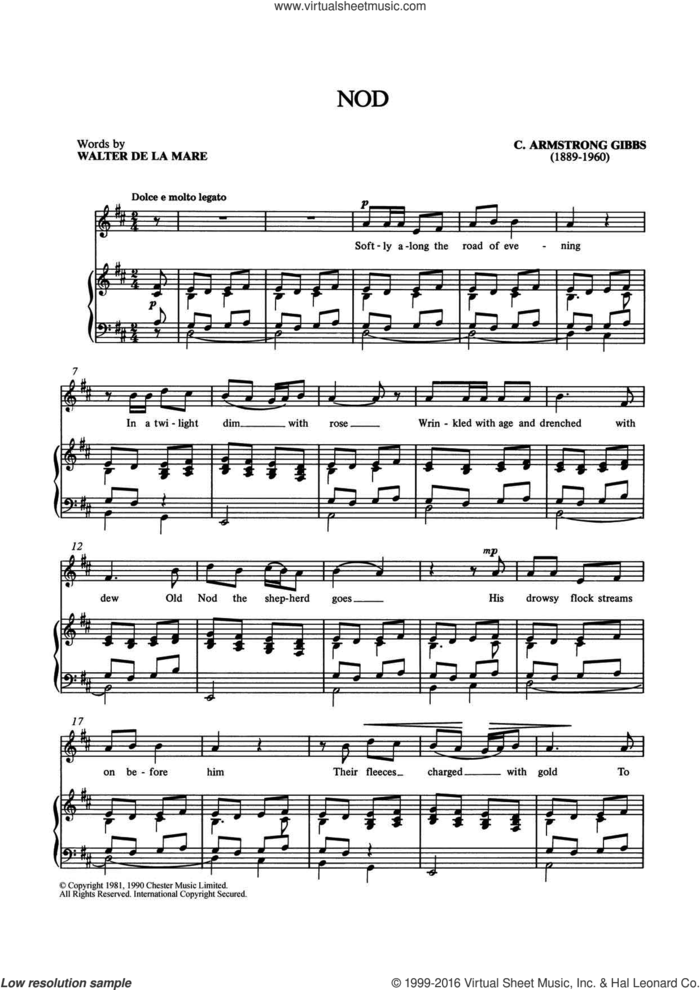 Nod sheet music for voice and piano by Cecil Armstrong Gibbs and Shirley Leah, classical score, intermediate skill level