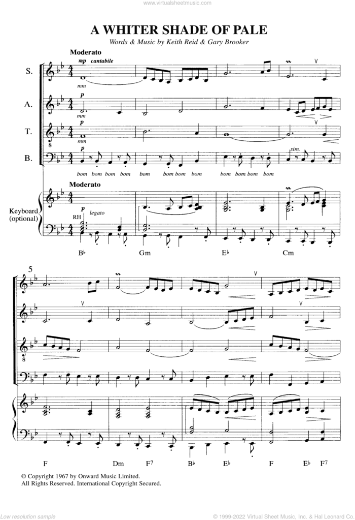 A Whiter Shade Of Pale sheet music for choir by Procol Harum, Annie Lennox, Gary Brooker, Keith Reid and Matthew Fisher, intermediate skill level
