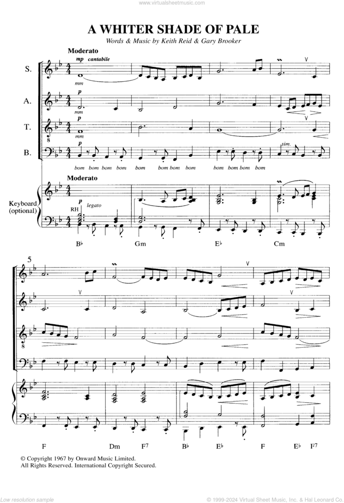 A Whiter Shade Of Pale sheet music for choir by Procol Harum, Annie Lennox, Gary Brooker, Keith Reid and Matthew Fisher, intermediate skill level