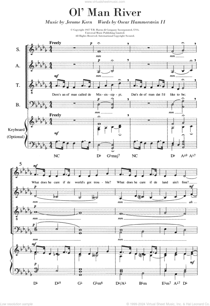 Ol' Man River sheet music for choir (SATB: soprano, alto, tenor, bass) by Jerome Kern and Oscar II Hammerstein, intermediate skill level