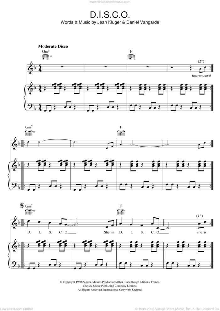 D.I.S.C.O. sheet music for voice, piano or guitar by Ottawan, Daniel Vangarde and Jean Kluger, intermediate skill level