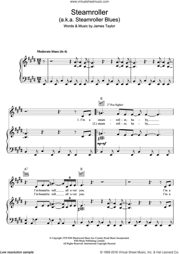 Steamroller sheet music for voice, piano or guitar by Elvis Presley and James Taylor, intermediate skill level