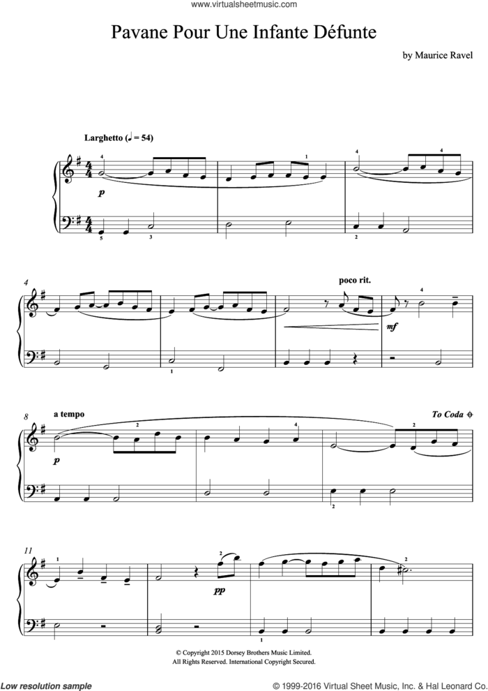 Pavane Pour Une Infante Defunte sheet music for piano solo by Maurice Ravel, classical score, intermediate skill level
