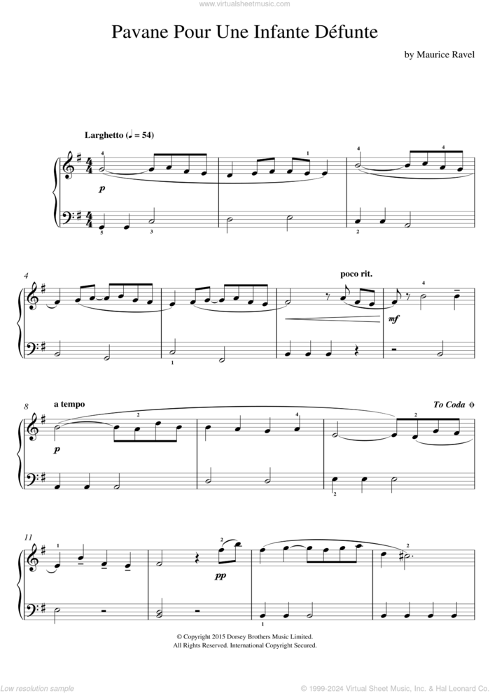 Pavane Pour Une Infante Defunte, (intermediate) sheet music for piano solo by Maurice Ravel, classical score, intermediate skill level