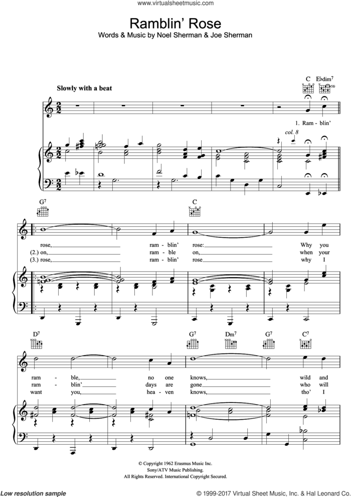 Ramblin' Rose sheet music for voice, piano or guitar by Nat King Cole, Joe Sherman and Noel Sherman, intermediate skill level
