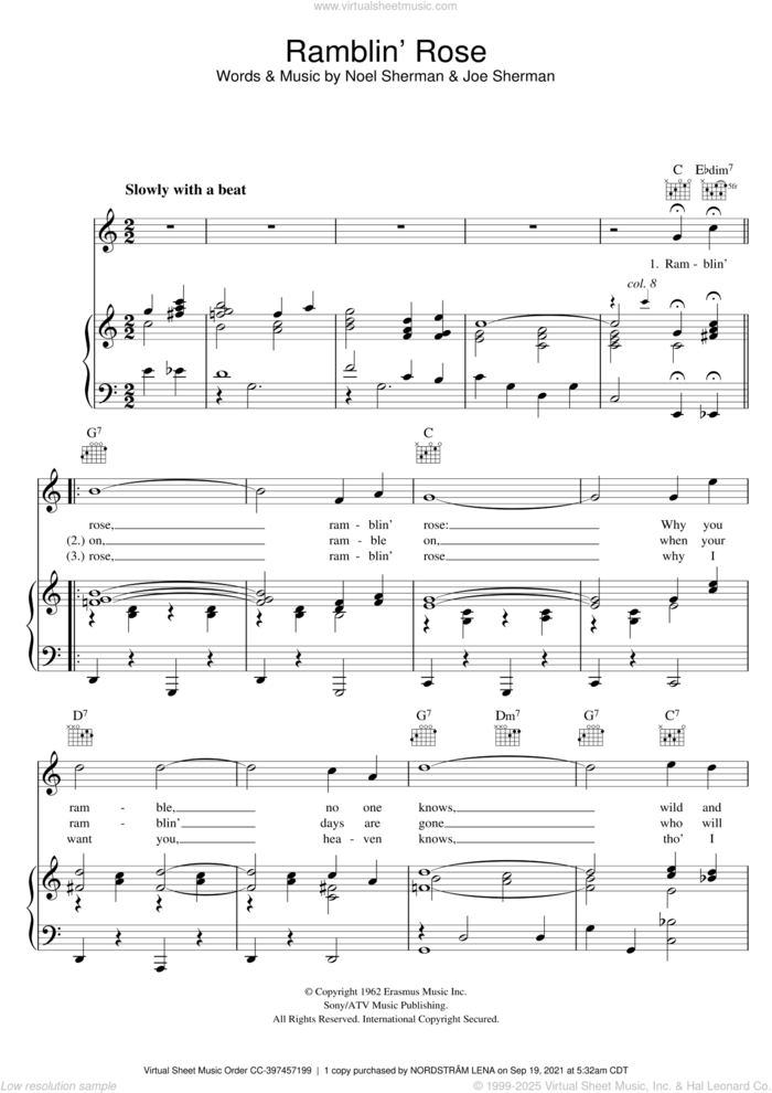 Ramblin' Rose sheet music for voice, piano or guitar by Nat King Cole, Joe Sherman and Noel Sherman, intermediate skill level