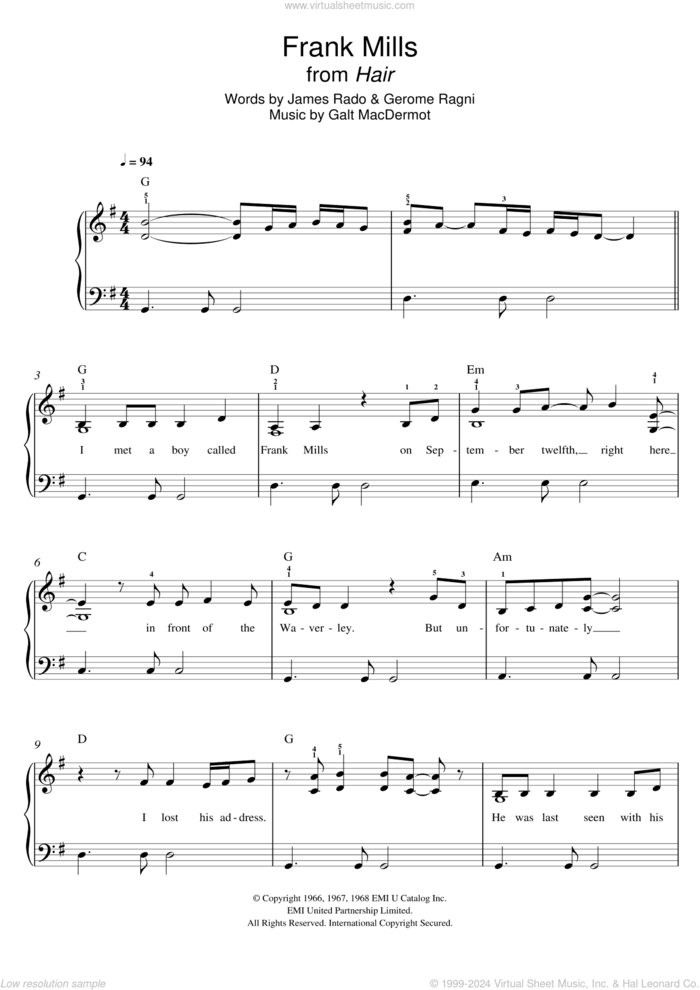 Frank Mills (from 'Hair') sheet music for piano solo by Galt MacDermot, Gerome Ragni and James Rado, easy skill level