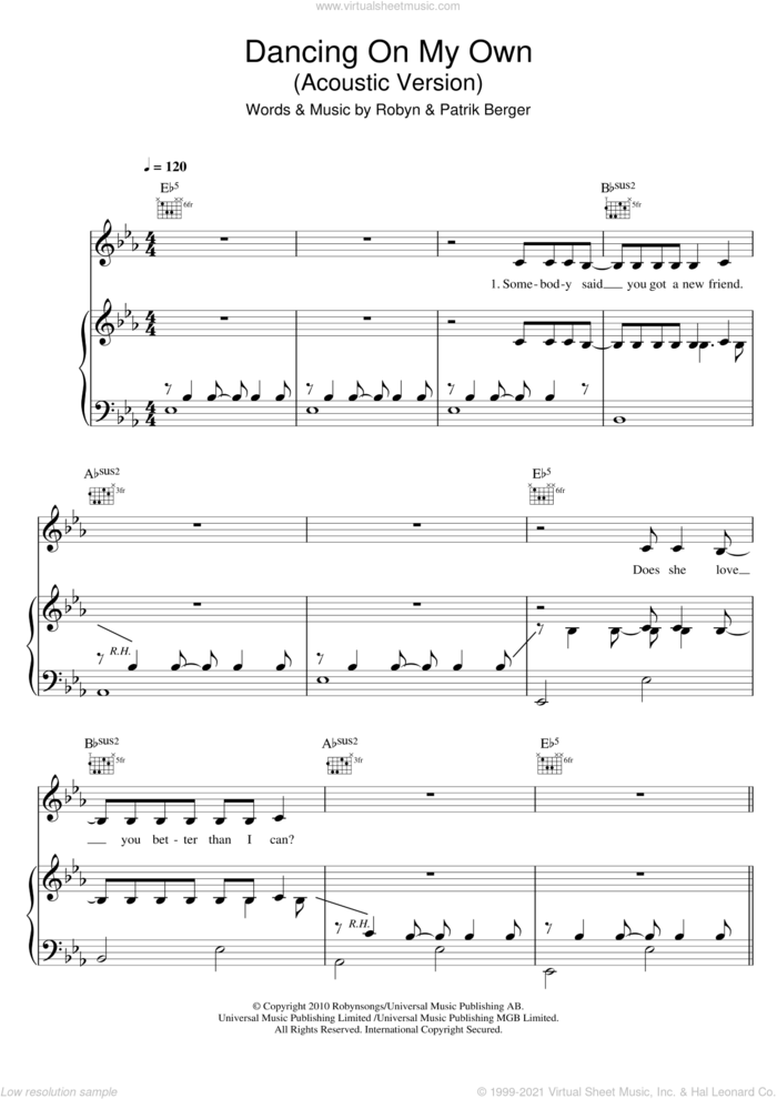 Dancing On My Own sheet music for voice, piano or guitar by Robyn and Patrik Berger, intermediate skill level