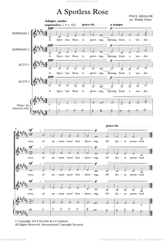A Spotless Rose (arr. Phillip Faber) sheet music for choir (SSAA: soprano, alto) by Paul Mealor and Anonymous, classical score, intermediate skill level
