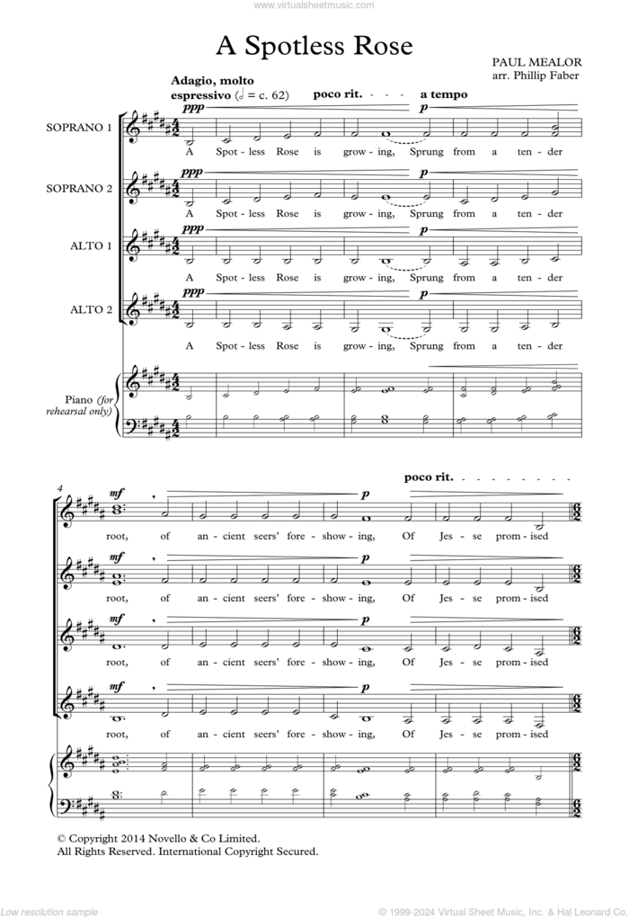 A Spotless Rose (arr. Phillip Faber) sheet music for choir (SSAA: soprano, alto) by Paul Mealor and Anonymous, classical score, intermediate skill level