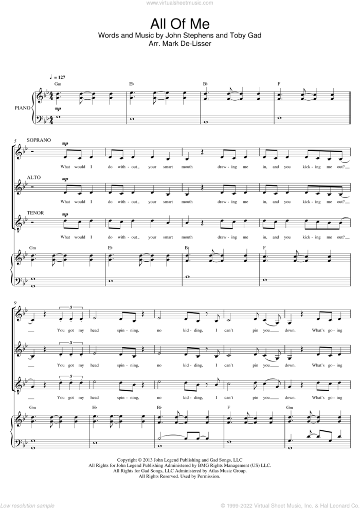 All Of Me (arr. Mark De-Lisser) sheet music for choir (SAT: soprano, alto, tenor) by John Legend, Mark De-Lisser and Toby Gad, intermediate skill level