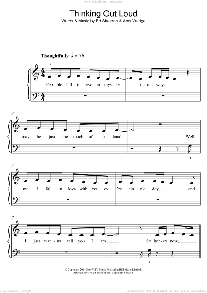 Thinking Out Loud sheet music for voice, piano or guitar by Ed Sheeran and Amy Wadge, wedding score, intermediate skill level