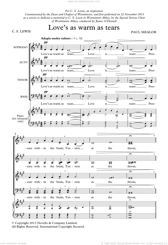 Love's As Warm As Tears sheet music for choir by Paul Mealor and C. S. Lewis, classical score, intermediate skill level