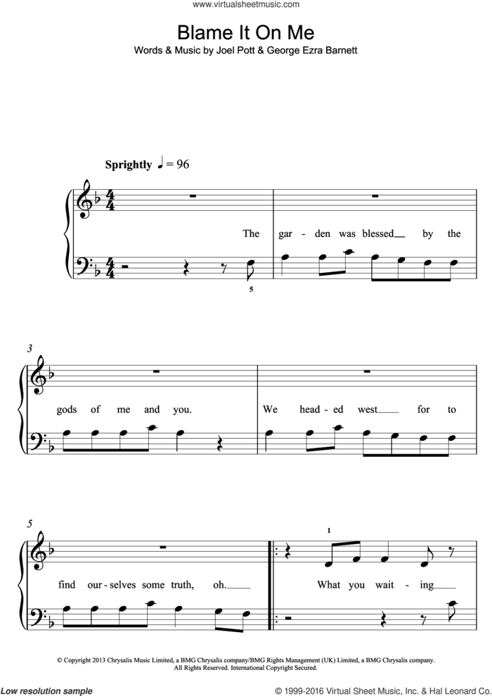 Blame It On Me sheet music for piano solo (5-fingers) by George Ezra, George Ezra Barnett and Joel Pott, beginner piano (5-fingers)